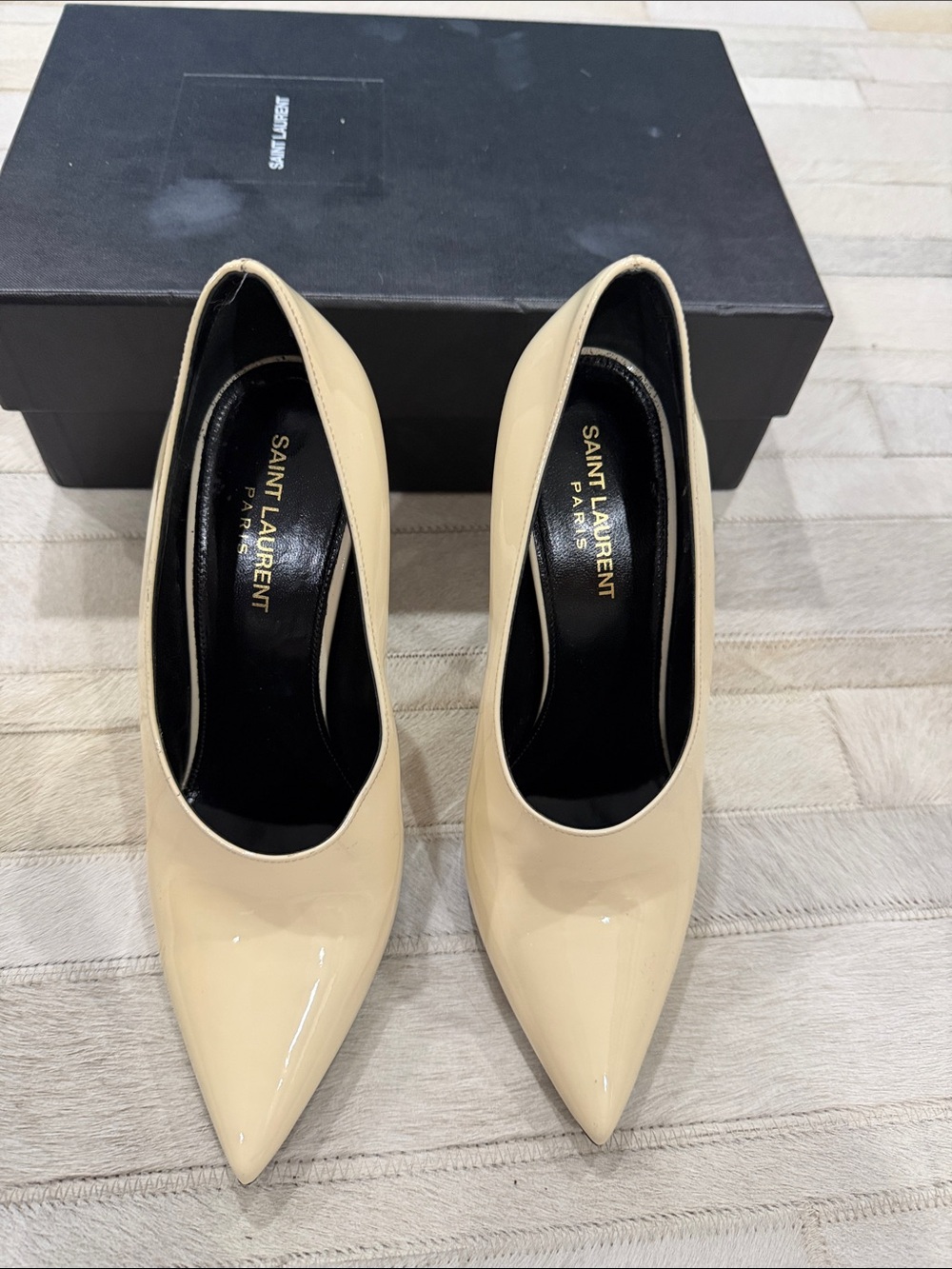 Saint Laurent Cream Patent Pointed-Toe Pumps